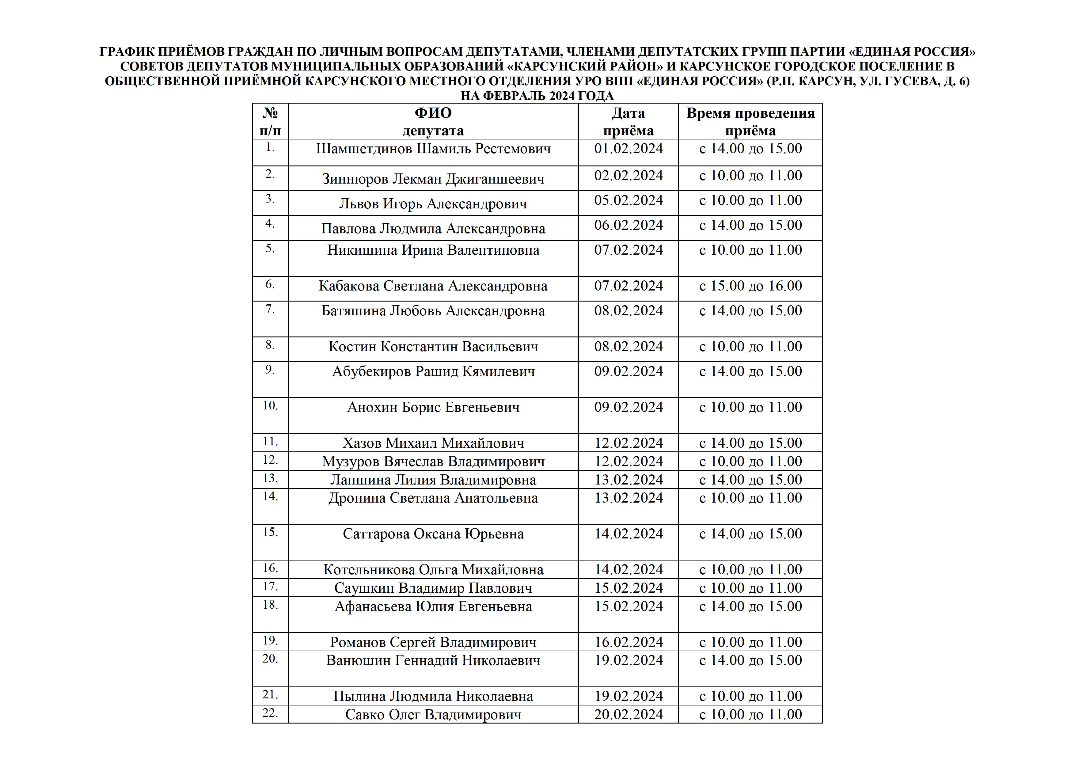 График приемов граждан на февраль.